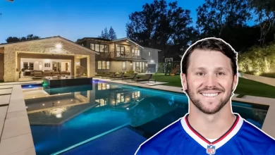 Buffalo Bills quarterback Josh Allen's modern house with outdoor pool and sleek architecture in Orchard Park, New York.
