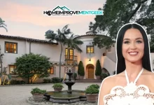 Front view of the Katy Perry House in Montecito, showcasing Spanish-style architecture, lush gardens, and elegant outdoor living spaces.