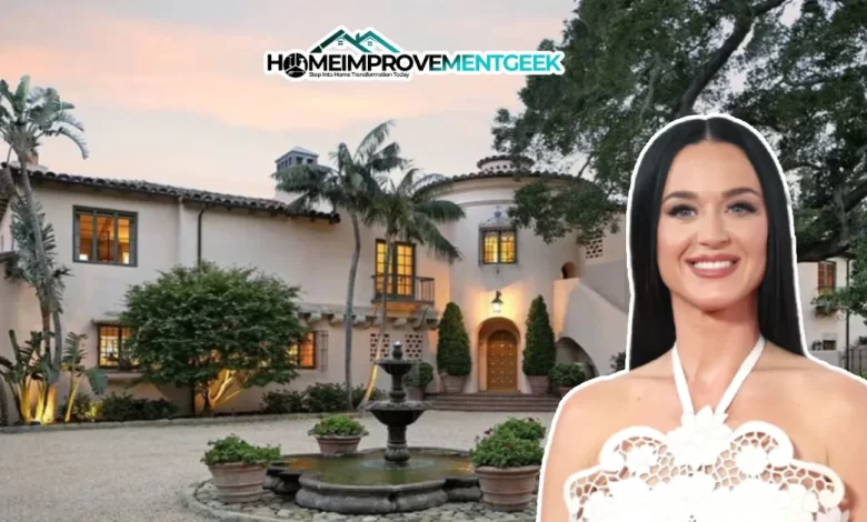 Katy Perry House Tour: Inside Her $15 Million Montecito Mansion - Luxury Real Estate | HomeImprovementGeek Front view of the Katy Perry House in Montecito, showcasing Spanish-style architecture, lush gardens, and elegant outdoor living spaces.