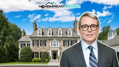 Front view of the Matthew Broderick House showcasing its elegant architecture and lush landscaping.