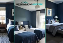 Navy Bedroom Ideas - Elegant master bedroom with navy walls and brass lighting fixtures