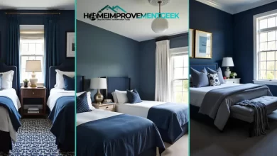 Navy Bedroom Ideas - Elegant master bedroom with navy walls and brass lighting fixtures