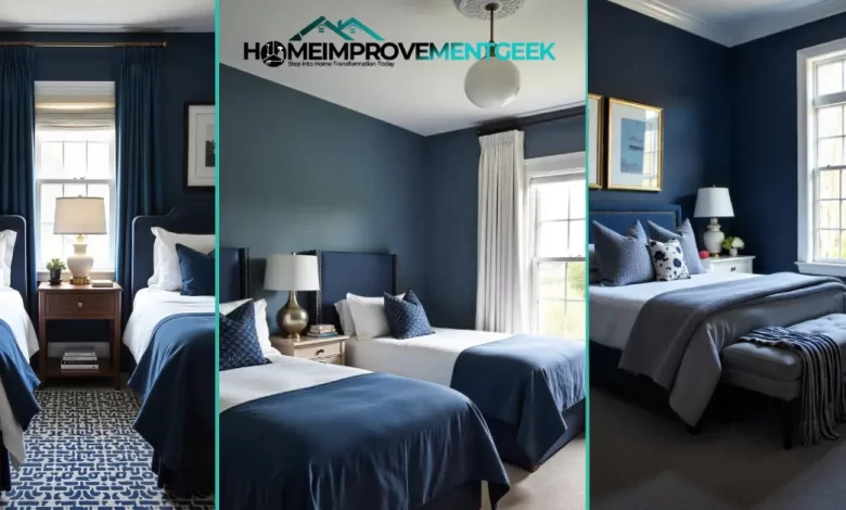 12 Navy Bedroom Ideas: Stylish Ways to Use This Calming Color in 2025 - Home Decor | HomeImprovementGeek Navy Bedroom Ideas - Elegant master bedroom with navy walls and brass lighting fixtures