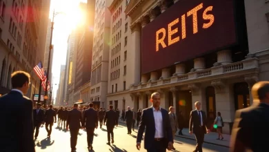 Business professionals walk on Wall Street past a grand building with a digital sign reading "REITs," symbolizing real estate investment opportunities in 2025.