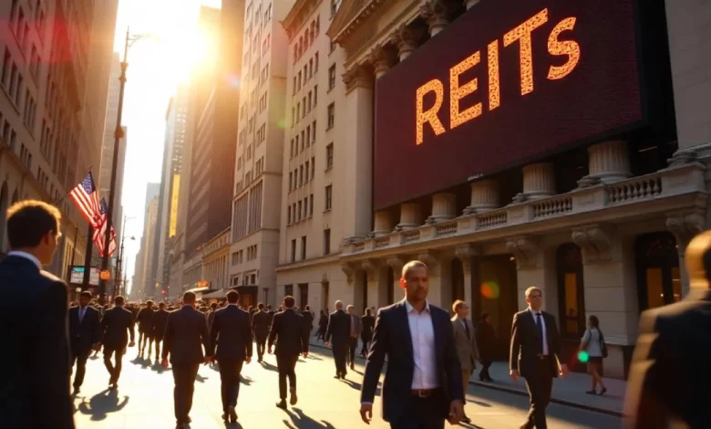 REITs in 2025: The Ultimate Investor's Guide to Building Wealth with Real Estate Trusts - Luxury Real Estate | HomeImprovementGeek Business professionals walk on Wall Street past a grand building with a digital sign reading "REITs," symbolizing real estate investment opportunities in 2025.