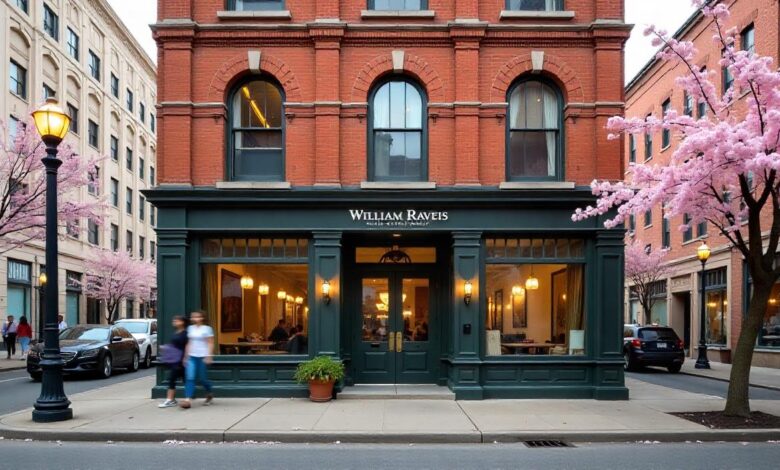 William Raveis Real Estate Guide to Market Positioning 2025 - Luxury Real Estate | HomeImprovementGeek William Raveis Real Estate office on a city corner with cherry blossom trees, showcasing the brand’s welcoming and professional atmosphere.