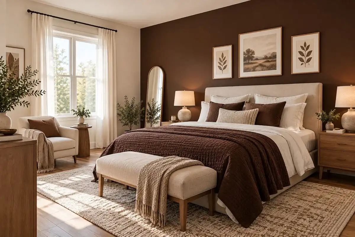 Chocolate brown accent wall behind a cream bed with light neutral walls, natural wood furniture, and soft daylight