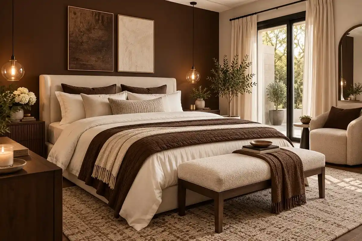 Chocolate brown and cream bedroom with an upholstered cream bed, ivory bedding, brown throws, neutral rug, and warm pendant lighting