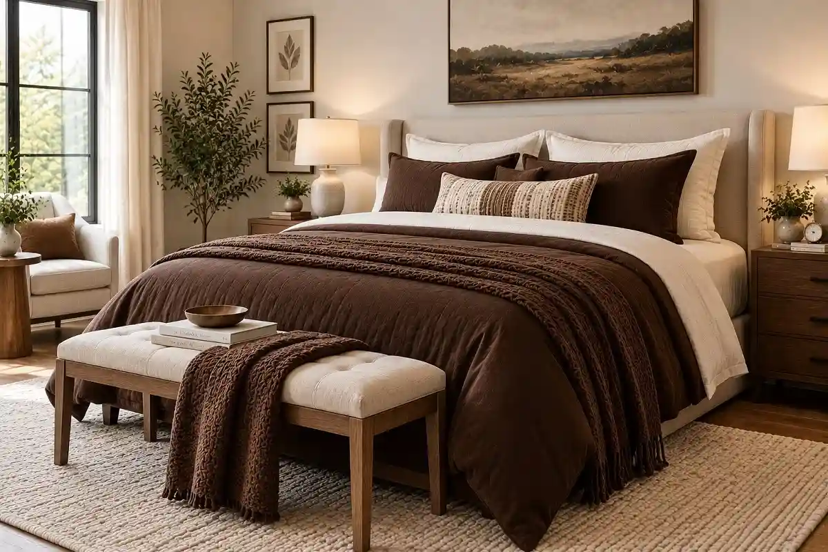 Light neutral bedroom with chocolate brown duvet, ivory sheets, brown pillows, and a layered textured throw