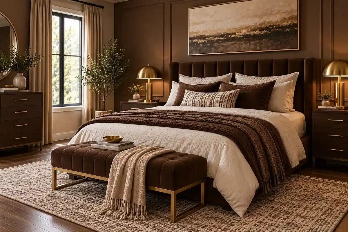 Chocolate brown bedroom with brass bedside lamps, gold hardware, cream bedding, dark wood furniture, and warm neutral decor