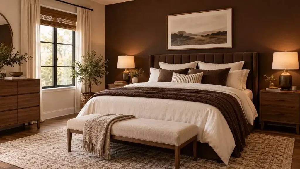 Modern chocolate brown bedroom with cream bedding, natural wood furniture, warm lighting, and a dark brown accent wall
