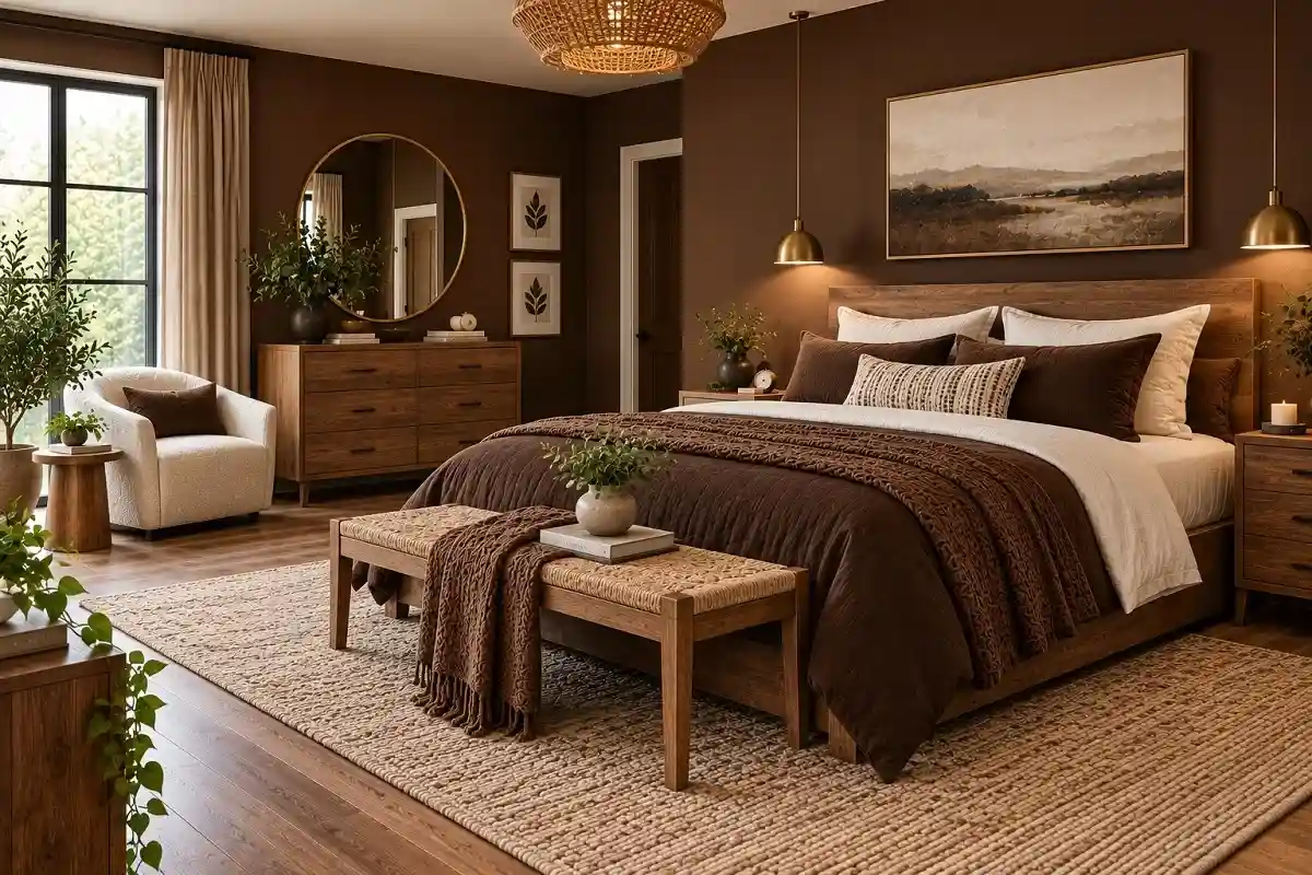 Chocolate brown bedroom with a natural wood bed, walnut dresser, woven bench, cream bedding, and warm pendant lights