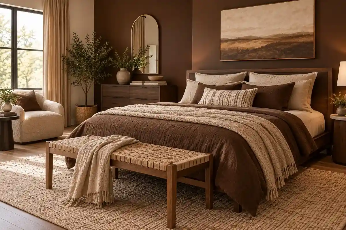 Chocolate brown and beige bedroom with a wooden platform bed, oatmeal textiles, woven bench, neutral rug, and beige curtains