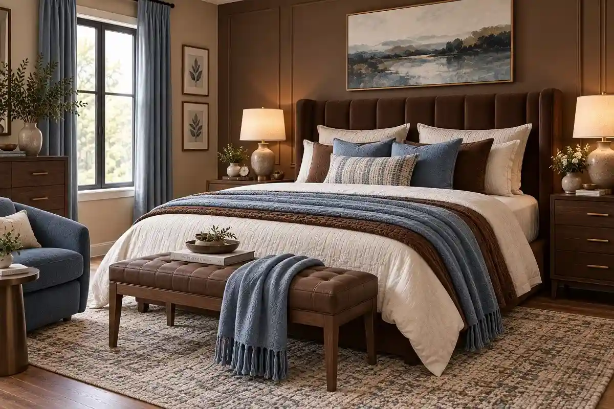 Chocolate brown bedroom with dusty blue pillows, blue throw, cream bedding, wood furniture, and subtle blue artwork