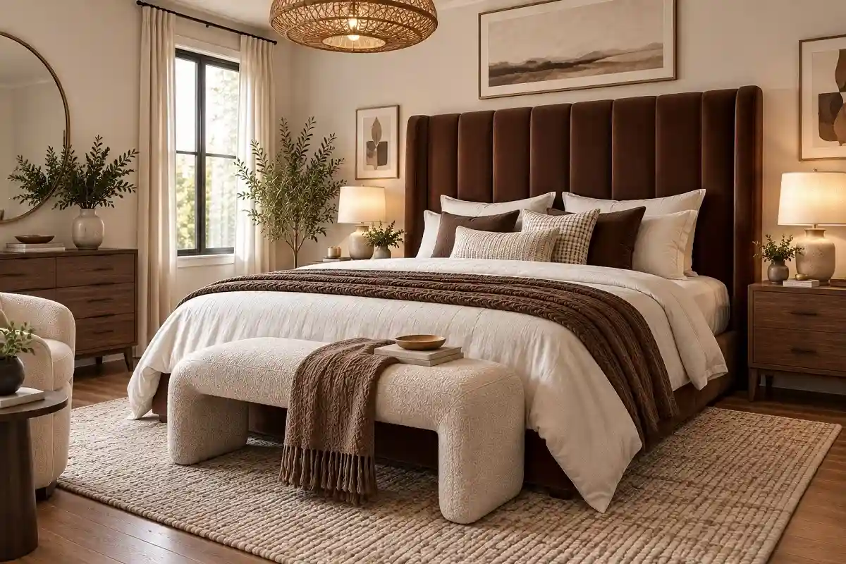 Neutral bedroom with an oversized chocolate brown upholstered headboard, cream bedding, wood furniture, and a woven pendant light