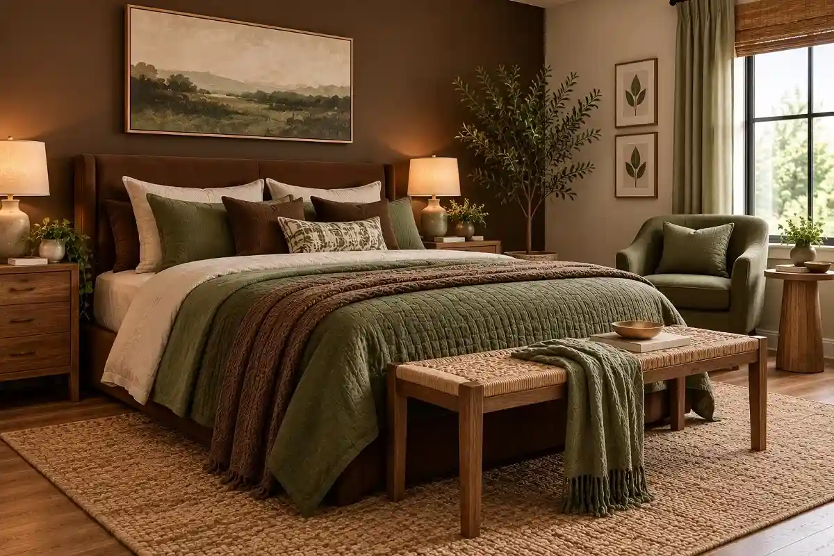 Chocolate brown bedroom with sage green bedding, olive chair, natural wood furniture, woven textures, and subtle greenery