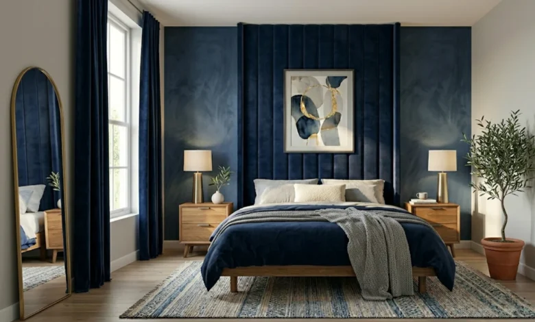Gray and navy blue bedroom ideas showing a navy velvet headboard, layered bedding, brass accents, and light gray walls