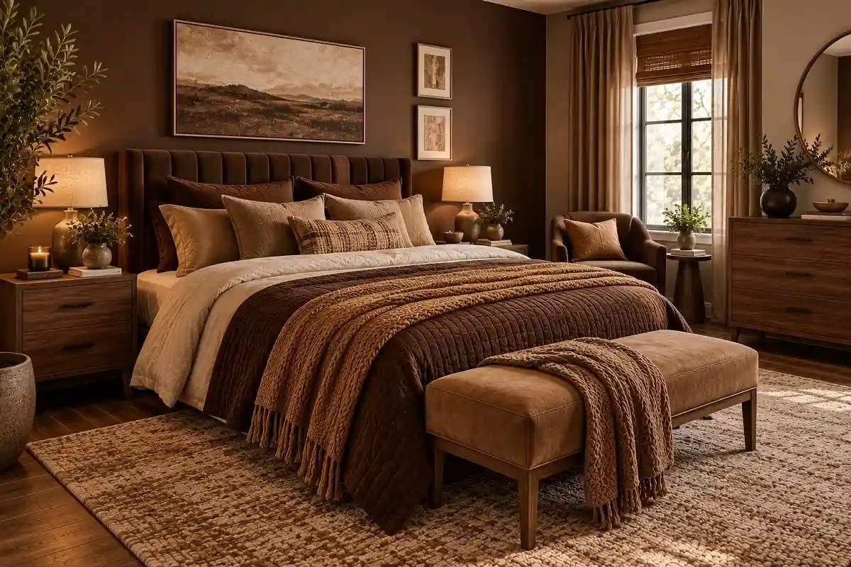 Tonal brown bedroom layered with chocolate, cocoa, caramel, tan, and walnut shades in bedding, furniture, and decor