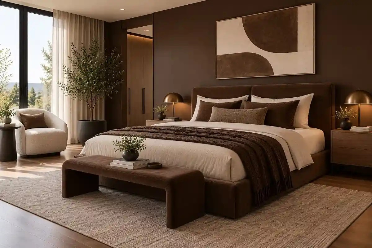 Modern minimalist chocolate brown bedroom with a low upholstered bed, warm neutral bedding, clean wood furniture, and simple decor