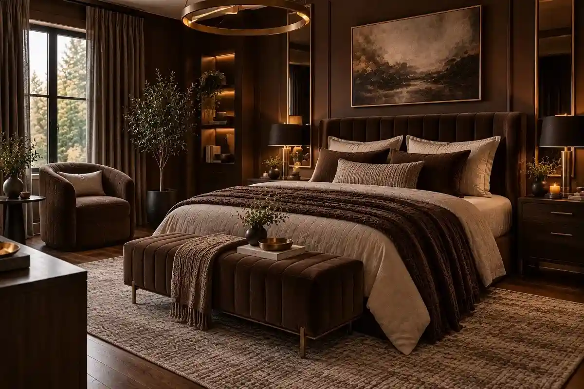 Moody luxury chocolate brown bedroom with deep paneled walls, upholstered bed, neutral bedding, dark wood furniture, and brass lighting