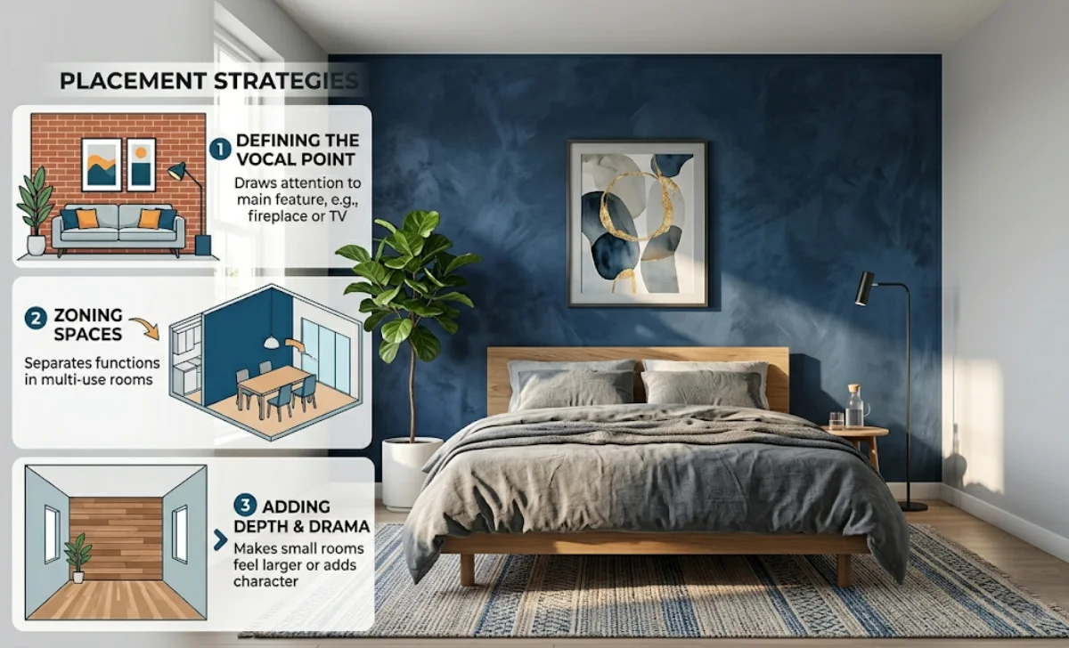 Navy blue limewash accent wall behind a bed in a gray bedroom with textured matte finish 