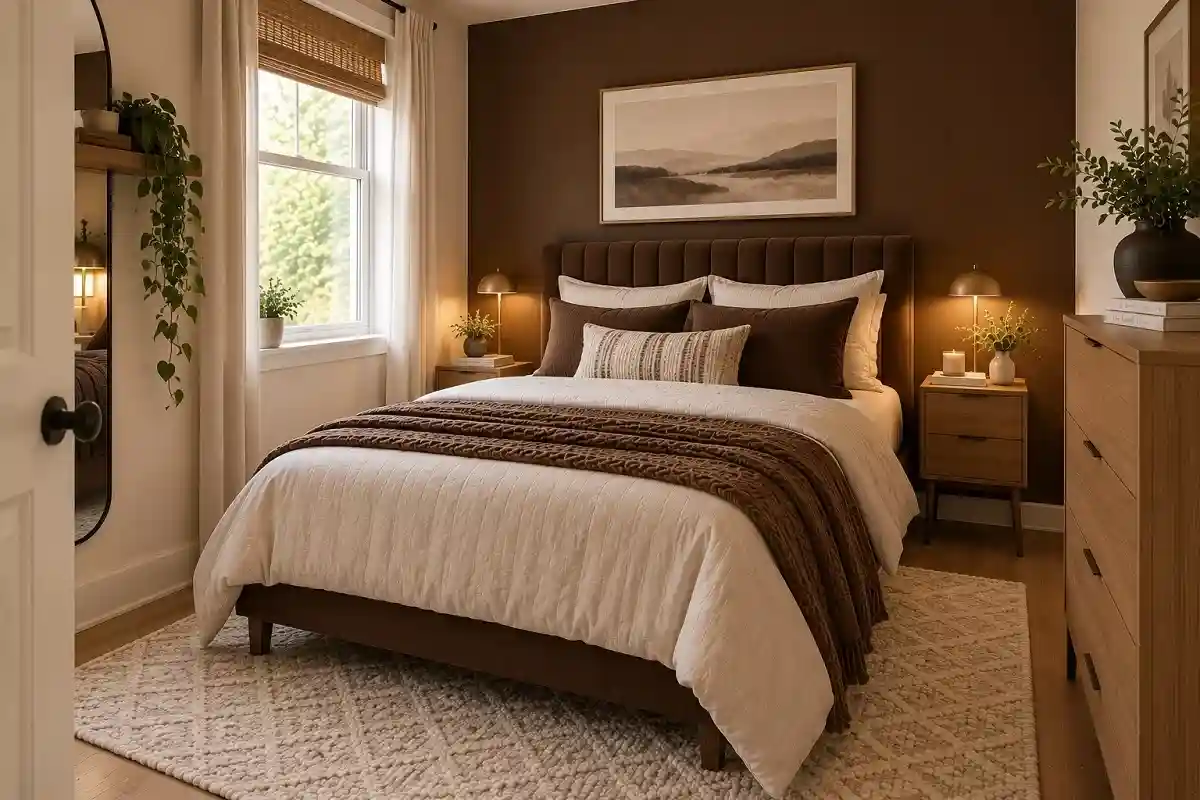 Small chocolate brown bedroom with a dark focal wall, light bedding, slim wood nightstands, pale rug, and natural window light