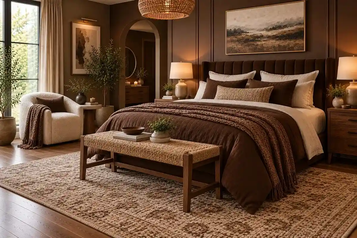Textured chocolate brown bedroom with linen bedding, wool throw, bouclé chair, woven bench, patterned rug, and natural wood furniture