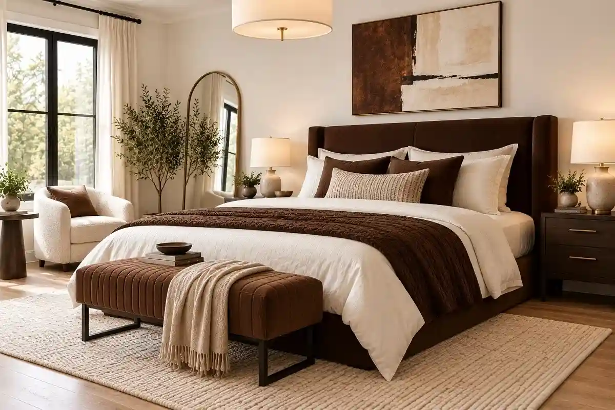 Modern warm white bedroom with a chocolate brown upholstered bed, neutral bedding, dark wood furniture, and minimal decor