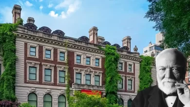 Andrew Carnegie House mansion exterior with Georgian Revival architecture and portrait of Andrew Carnegie on Upper East Side Manhattan