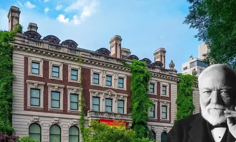 Andrew Carnegie House mansion exterior with Georgian Revival architecture and portrait of Andrew Carnegie on Upper East Side Manhattan