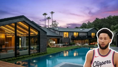 Ben Simmons house Hidden Hills mansion exterior with pool and modern architecture featuring glass walls and contemporary design