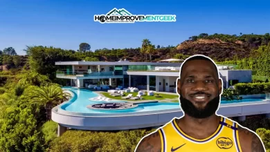 LeBron James House in Beverly Hills featuring a modern mansion with curved infinity pool overlooking Los Angeles hills, with the NBA star smiling in Lakers jersey
