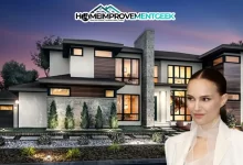 Natalie Portman House features a stunning modern two-story home with large windows, elegant landscaping, and contemporary architectural design.