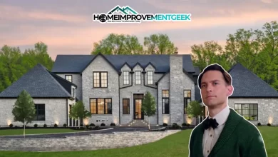 Modest weather-beaten bungalow representing the Nick Carraway House nestled between grand mansions in West Egg, Long Island, from The Great Gatsby