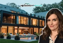 Front view of Tina Fey House, showcasing elegant architecture, lush landscaping, and the inviting entrance to her celebrated home.