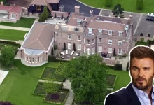 Aerial view of David Beckham House showing the massive Cotswolds estate with manicured gardens, Georgian architecture, and luxury outdoor amenities