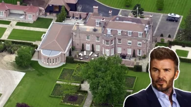 Aerial view of David Beckham House showing the massive Cotswolds estate with manicured gardens, Georgian architecture, and luxury outdoor amenities