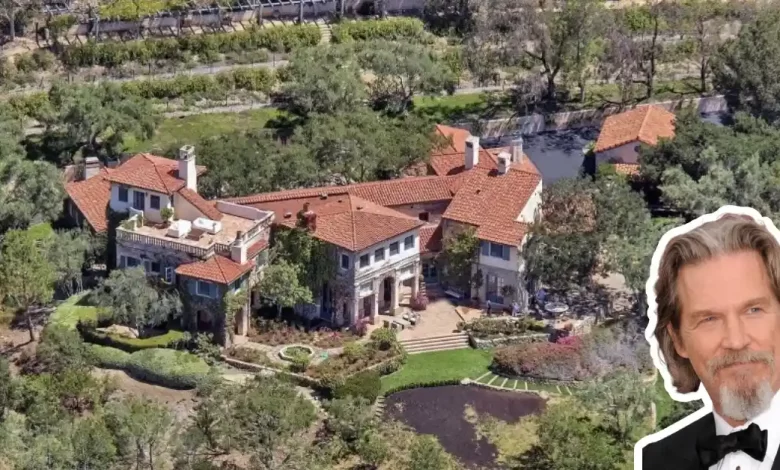 Jeff Bridges House aerial view of Villa Santa Lucia Montecito estate with Spanish Revival architecture and landscaped grounds