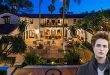 Robert Pattinson house Hollywood Hills Spanish Colonial luxury estate with outdoor patio and palm trees at night