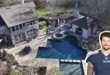 Aerial view of Taylor Lewan house showing luxury Nashville mansion with custom pool, outdoor kitchen, and modern architecture design