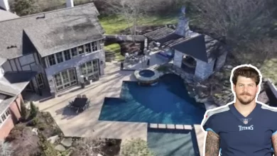 Aerial view of Taylor Lewan house showing luxury Nashville mansion with custom pool, outdoor kitchen, and modern architecture design