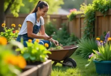 Person using CWBiancaMarket app while working in a DIY budget garden with homemade planters and seasonal plants.