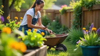 Person using CWBiancaMarket app while working in a DIY budget garden with homemade planters and seasonal plants.