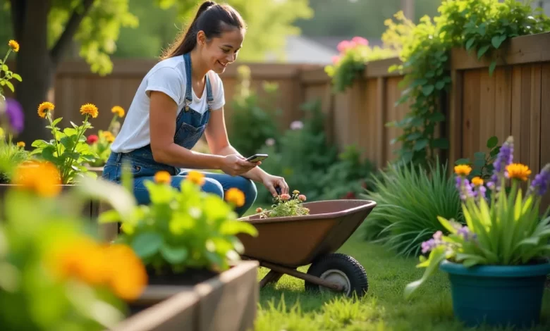 Person using CWBiancaMarket app while working in a DIY budget garden with homemade planters and seasonal plants.