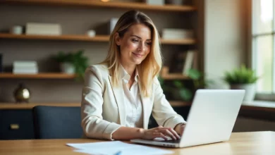 Ellen DeWitt real estate professional at EllenDeWittRealEstate.com office reviewing property listings on computer screen