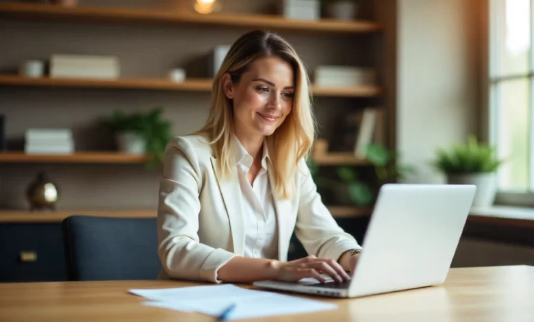 Ellen DeWitt real estate professional at EllenDeWittRealEstate.com office reviewing property listings on computer screen