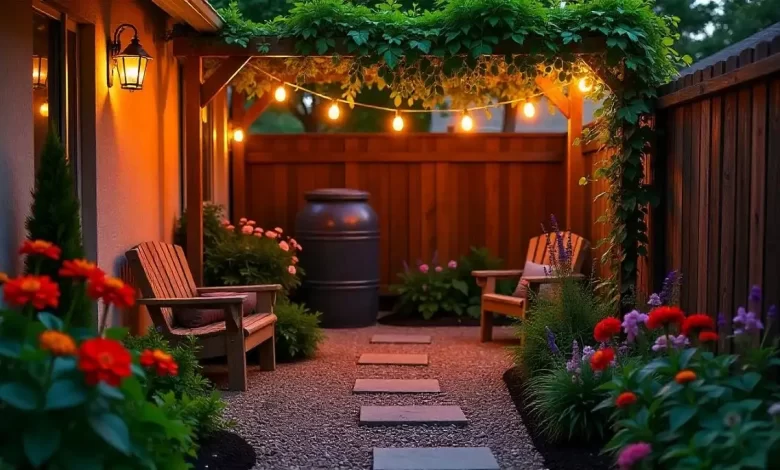 Well-maintained backyard with blooming zinnias and mulch, showing Garden Tips DecoradHouse value, happy homeowner relaxing, and a For Sale sign.