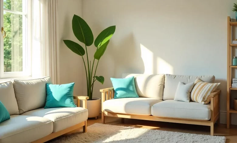Tips DrHomey: Transform Your Home with Simple, Smart Hacks - Featured | HomeImprovementGeek Cozy living room with tips DrHomey organization hacks, featuring neutral decor and plants.