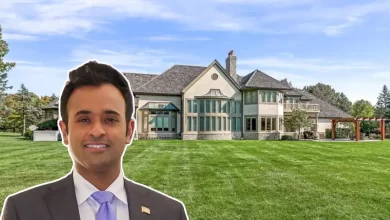 Vivek Ramaswamy House with luxury design and large lawn in Ohio, showing front view of his mansion