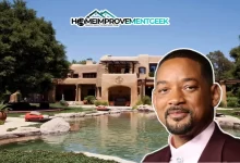 Exterior view of the luxurious Will Smith House showcasing its grand architecture and beautiful landscaped surroundings.